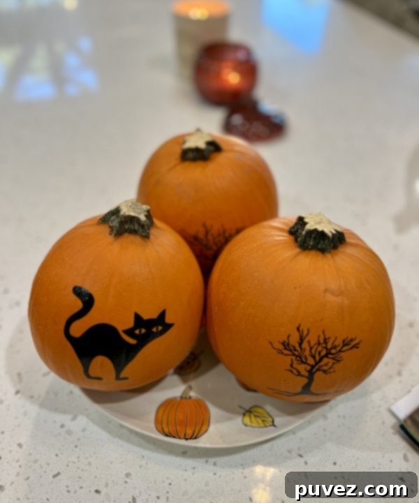 3 Pumpkins sitting on a pumpkin plate on a counter.