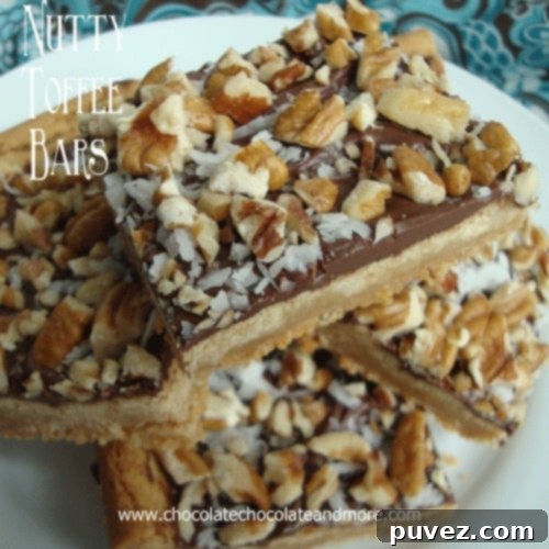 Irresistible Toffee Nut Squares 8 Stack of Bisquick Nutty Toffee Bars, showcasing layers of crust, chocolate, and toppings