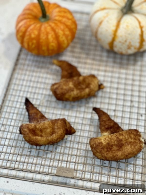 Cheesecake Stuffed Witch Hats on a cooling rack with 2 pumpkins