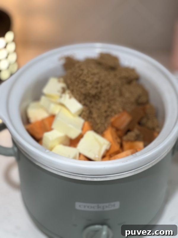 Crock Pot Sweet Potato Casserole ingredients in the crockpot before cooking