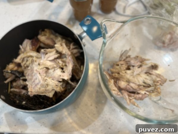 turkey and turkey carcass in a pot and glass bowl