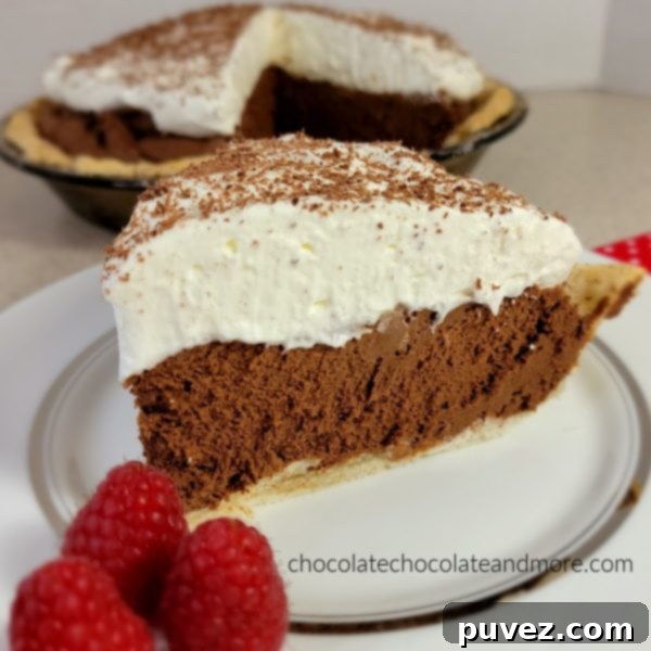 A slice of chocolate French silk pie topped with thick whipped cream, ready to be enjoyed.