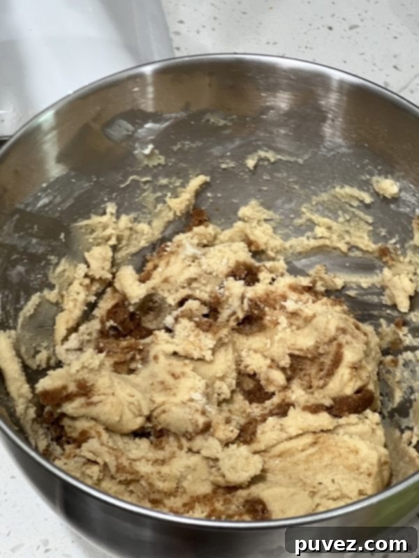 Swirled cookie dough and cinnamon filling in a mixing bowl before scooping.
