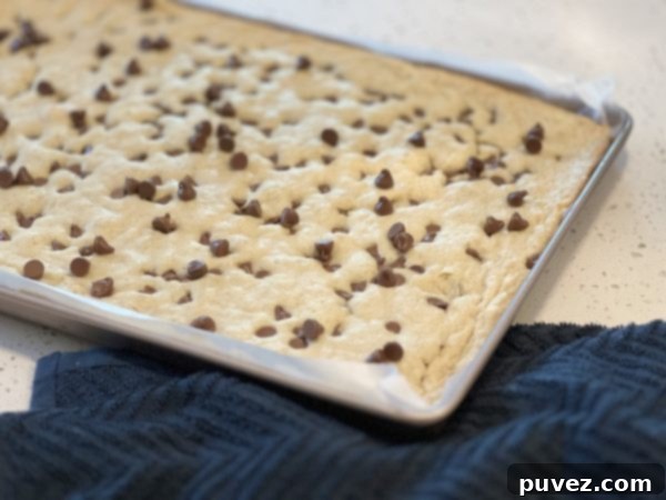 Sheet Pan Blondie Bars spread out on a baking sheet, ready for the oven, topped with chocolate chips.