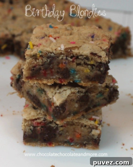 Birthday Blondies, a festive and fun blondie recipe with sprinkles.
