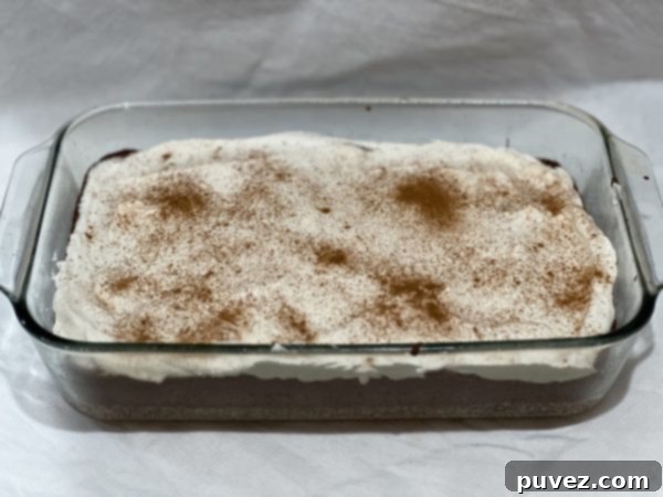 Sliced Homemade Tres Leches Cake topped with fresh whipped cream and a sprinkle of cinnamon