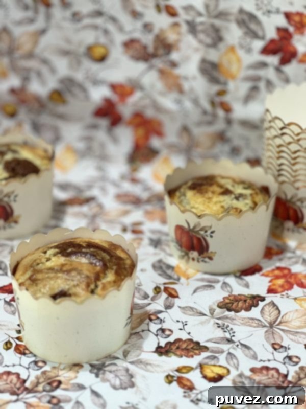 A trio of Pumpkin Cream Cheese Swirl Muffins on a cooling rack, looking perfectly golden brown