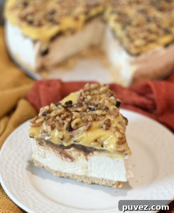 No-Bake German Chocolate Cheesecake with all layers visible, ready to serve