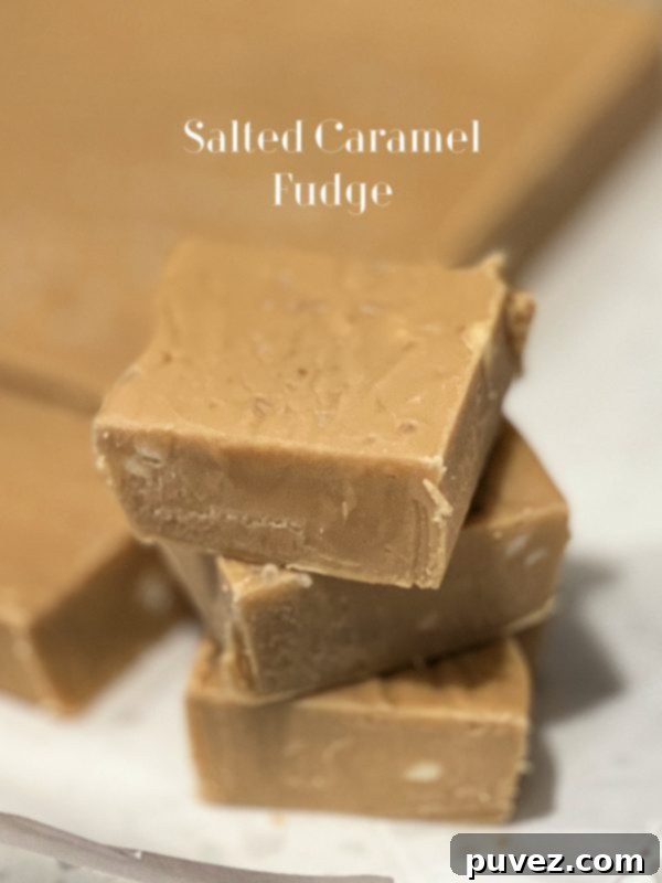Homemade Salted Caramel Fudge squares on a plate, generously sprinkled with flaky sea salt
