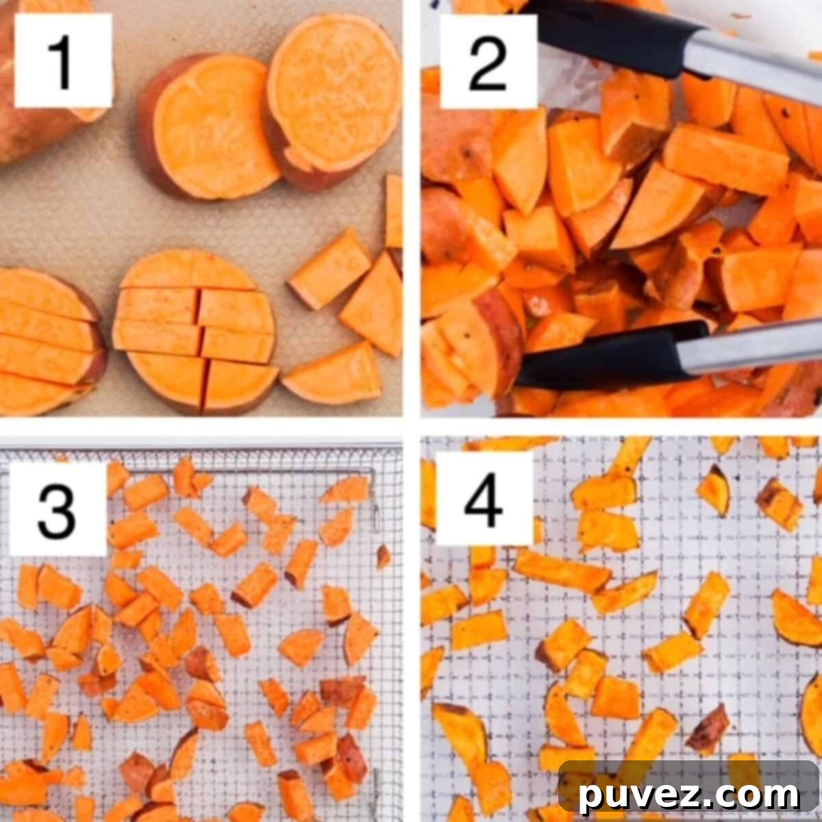 Four process shots showing a whole sweet potato, sliced sweet potatoes, sweet potato chunks in a bowl with oil, and sweet potato chunks spread on an air fryer basket.