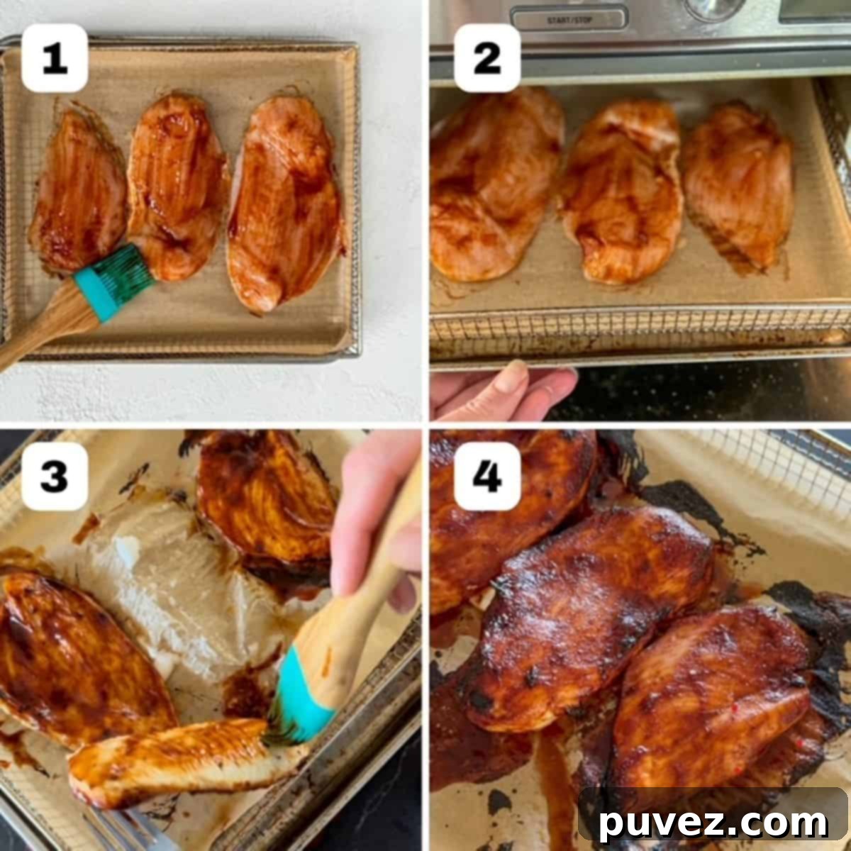 A collage of four numbered images demonstrating the step-by-step process of making barbecue chicken in an air fryer, from seasoning to final cooked product.