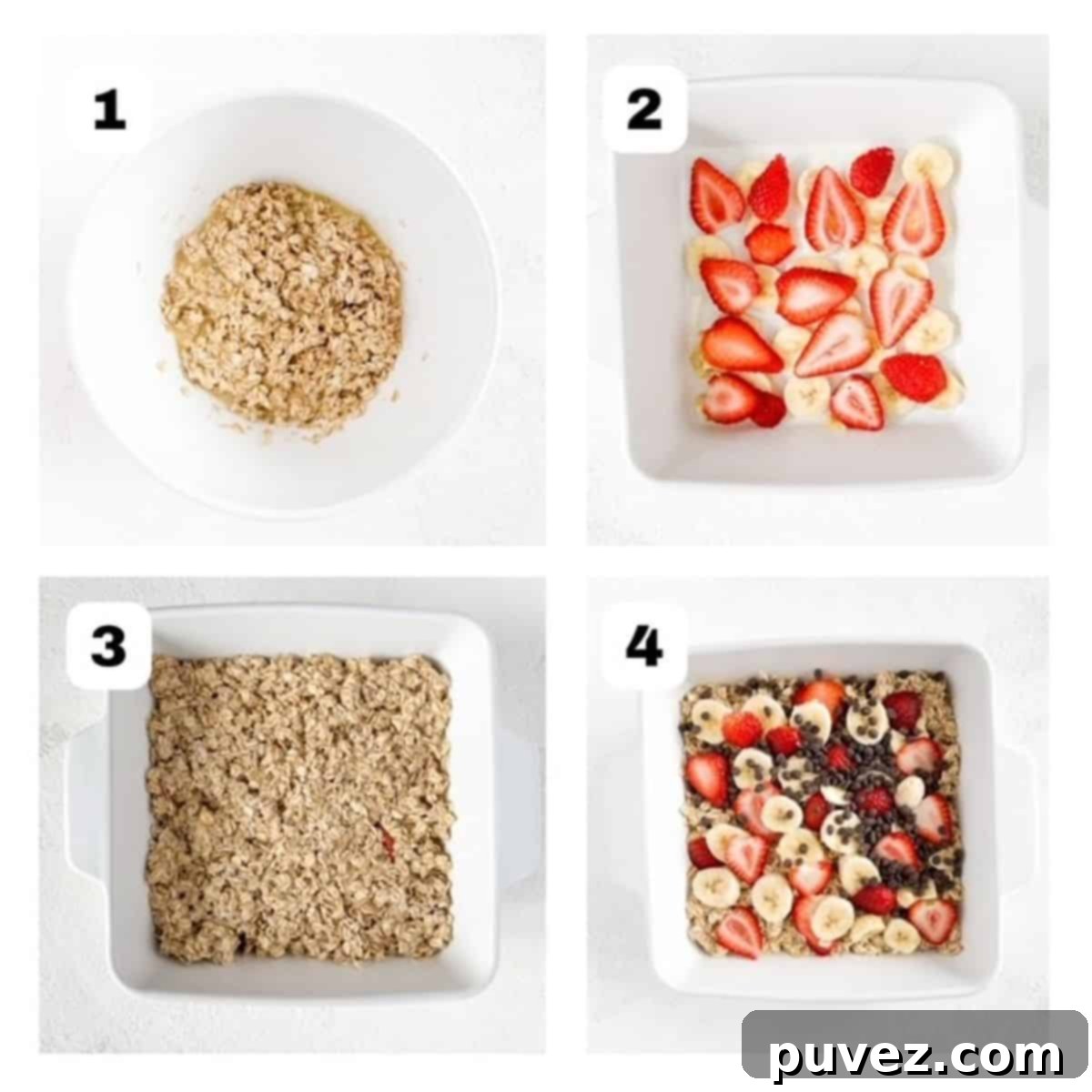 Four process shots showing steps to make banana baked oatmeal with strawberries and topped with chocolate chips.