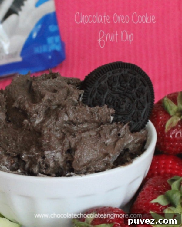 Chocolate Oreo Cookie Fruit Dip in a bowl, ready to serve