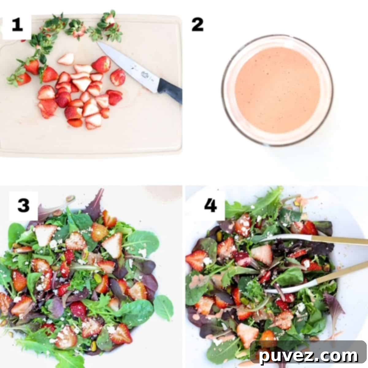 Four numbered images showing how to make a strawberry goat cheese salad.