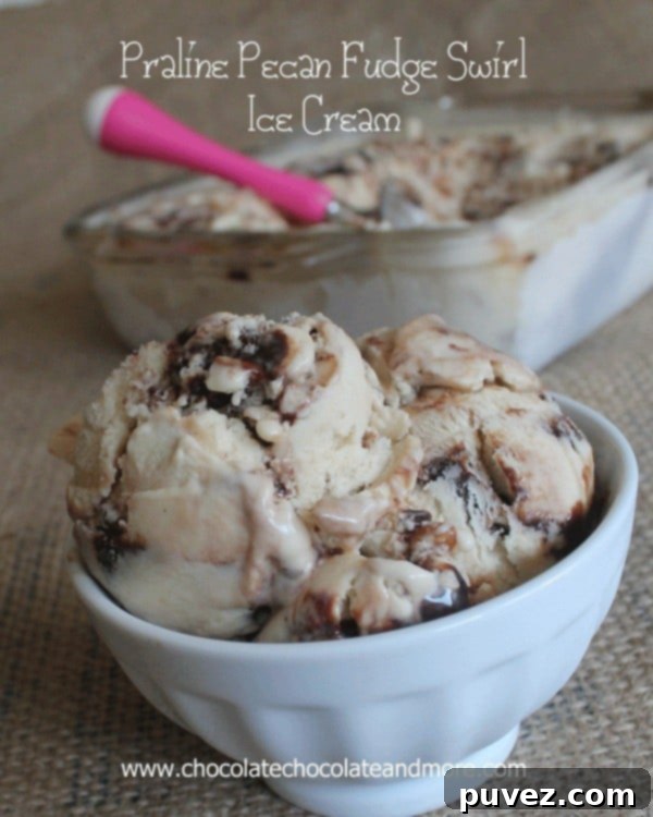 Homemade Praline Pecan Fudge Swirl Ice Cream in a bowl