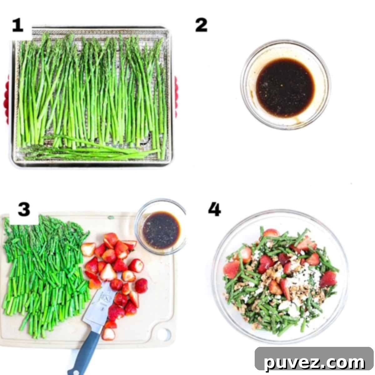 Simple Chilled Asparagus Salad 4 Four numbered images demonstrating steps to make cold asparagus salad with fresh strawberries: 1. Asparagus in air fryer, 2. Strawberries sliced, 3. Dressing whisked, 4. All ingredients tossed.