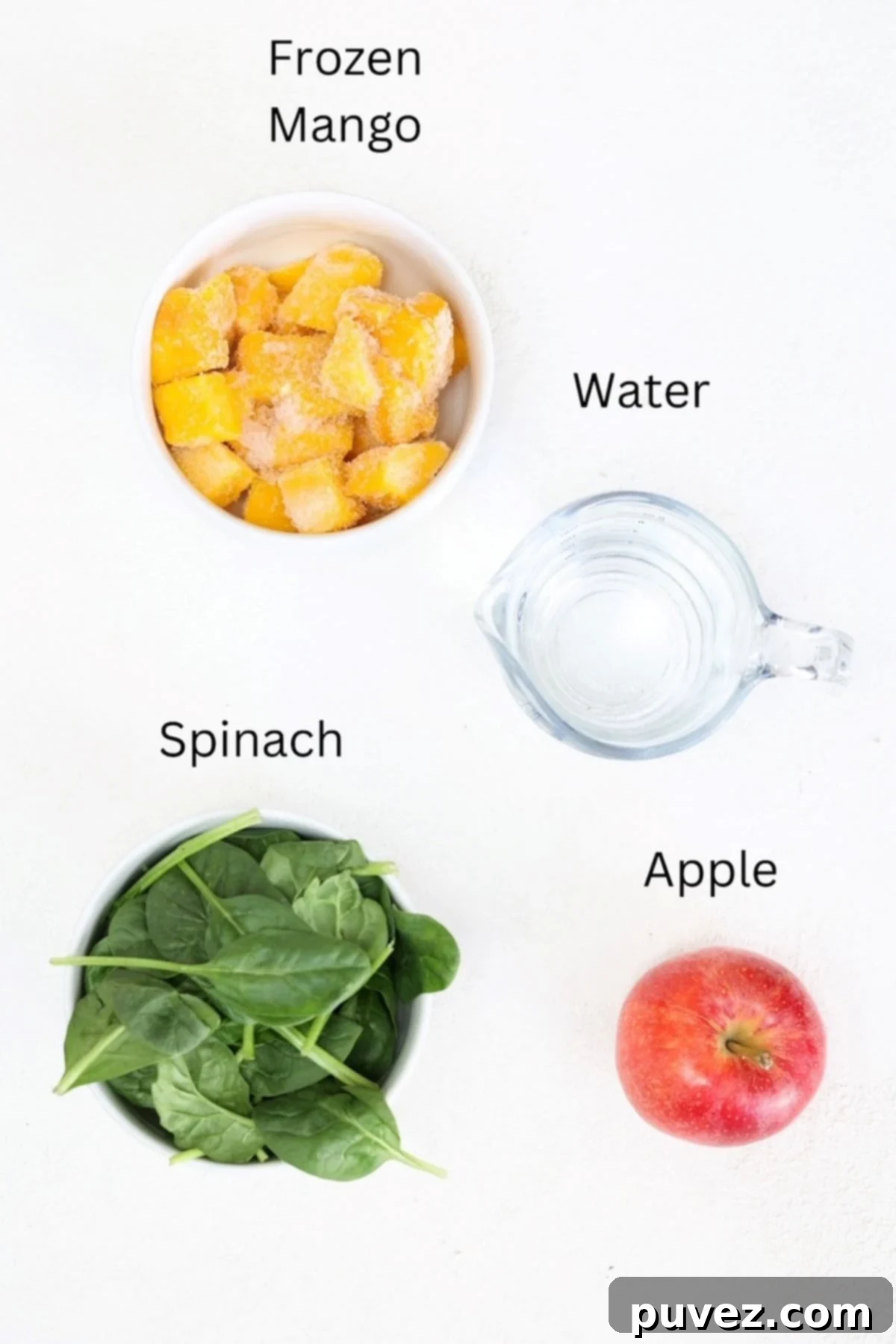 Mango and Spinach Smoothie ingredients, labeled.