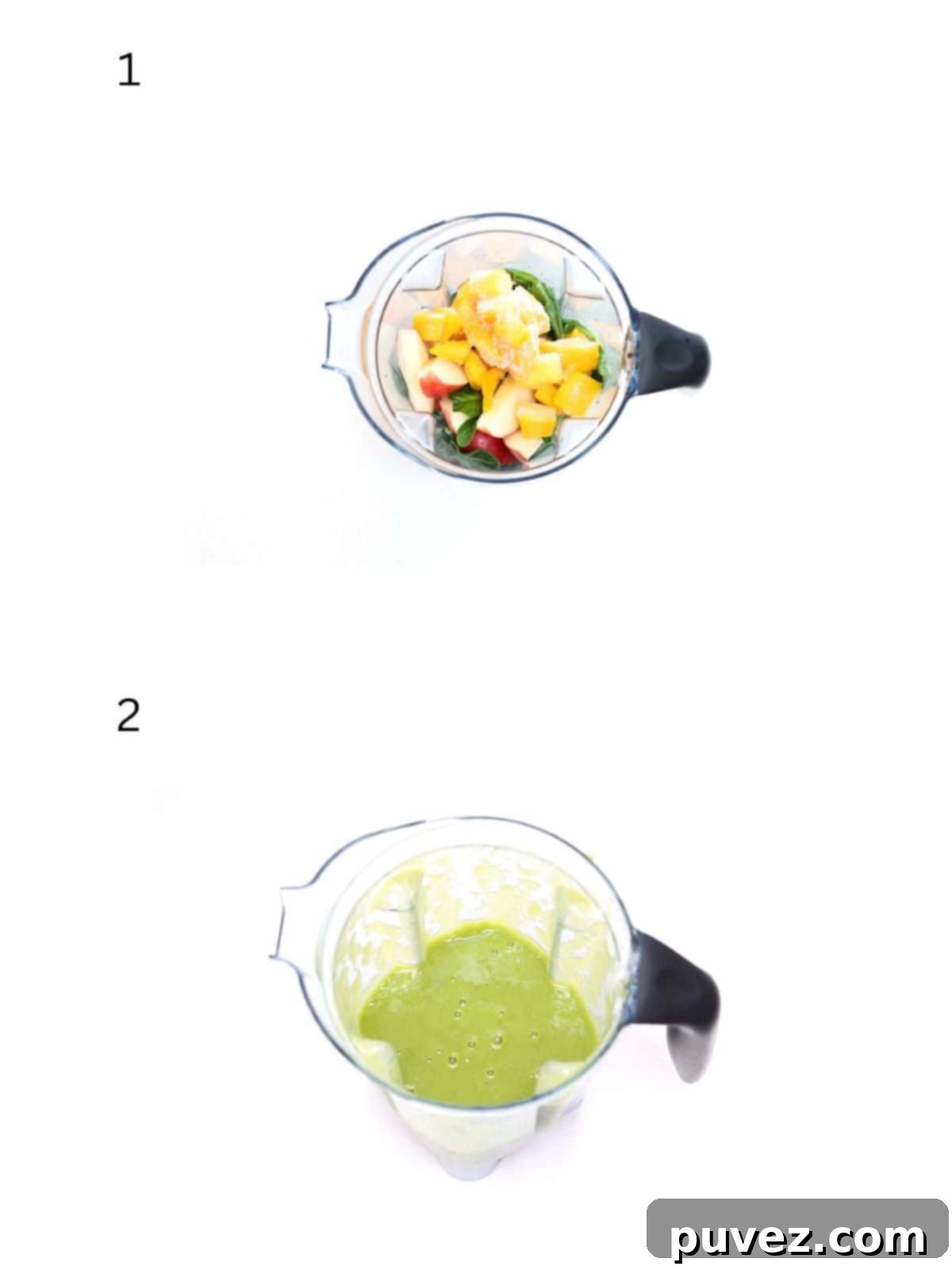 Two numbered images showing how to make a mango spinach smoothie.