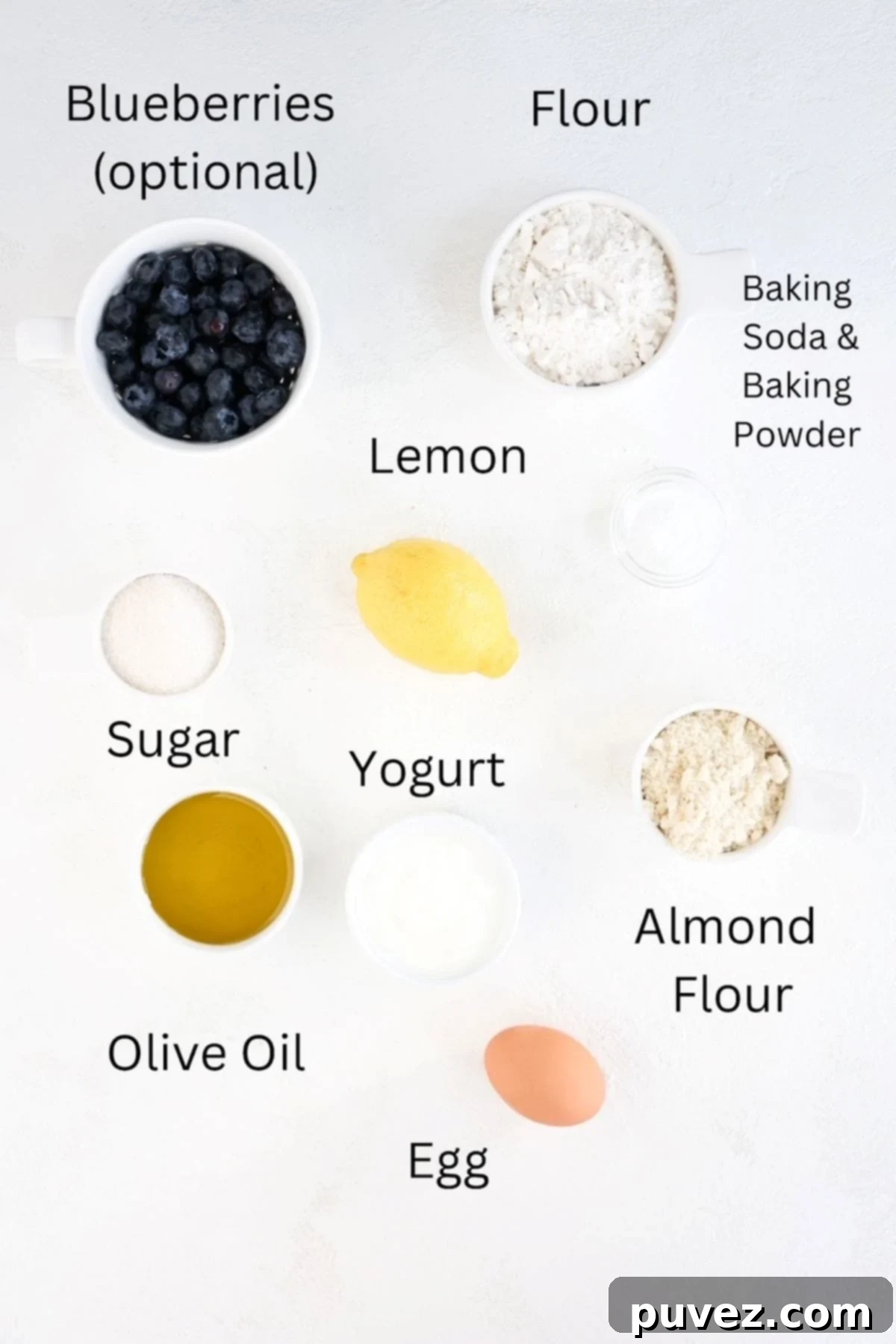 Ingredients for Lemon yogurt muffins with optional blueberries labeled.