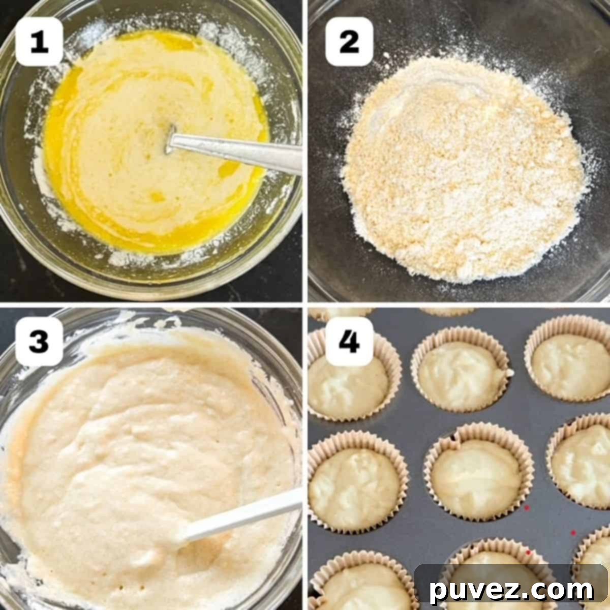 Four numbered images showing how to make lemon yogurt muffins.