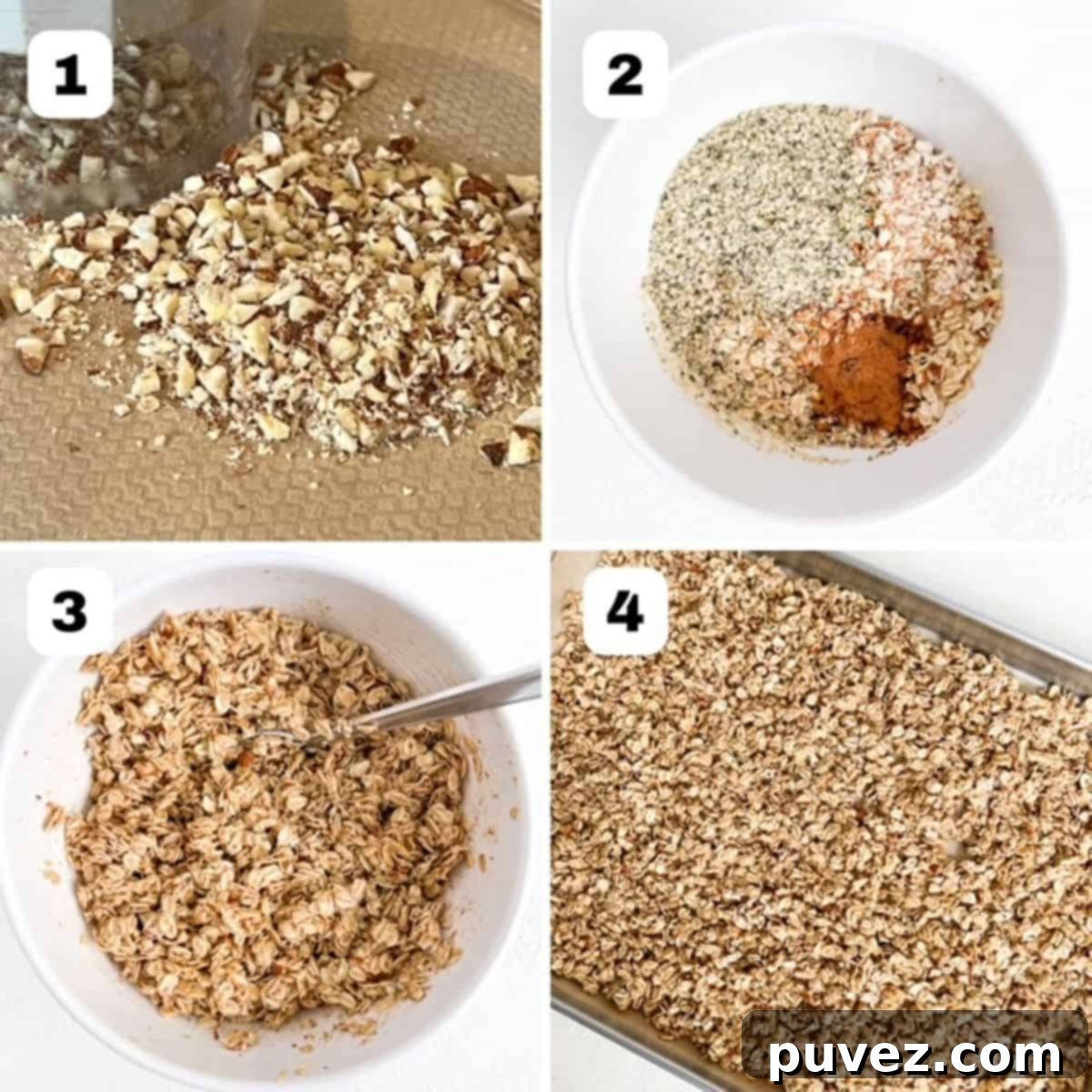 Four process shots showing how to make homemade granola.