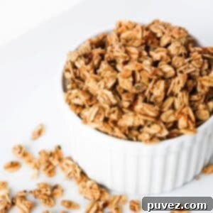 Granola in a white ramekin with pieces of granola scattered around the base of the ramekin.