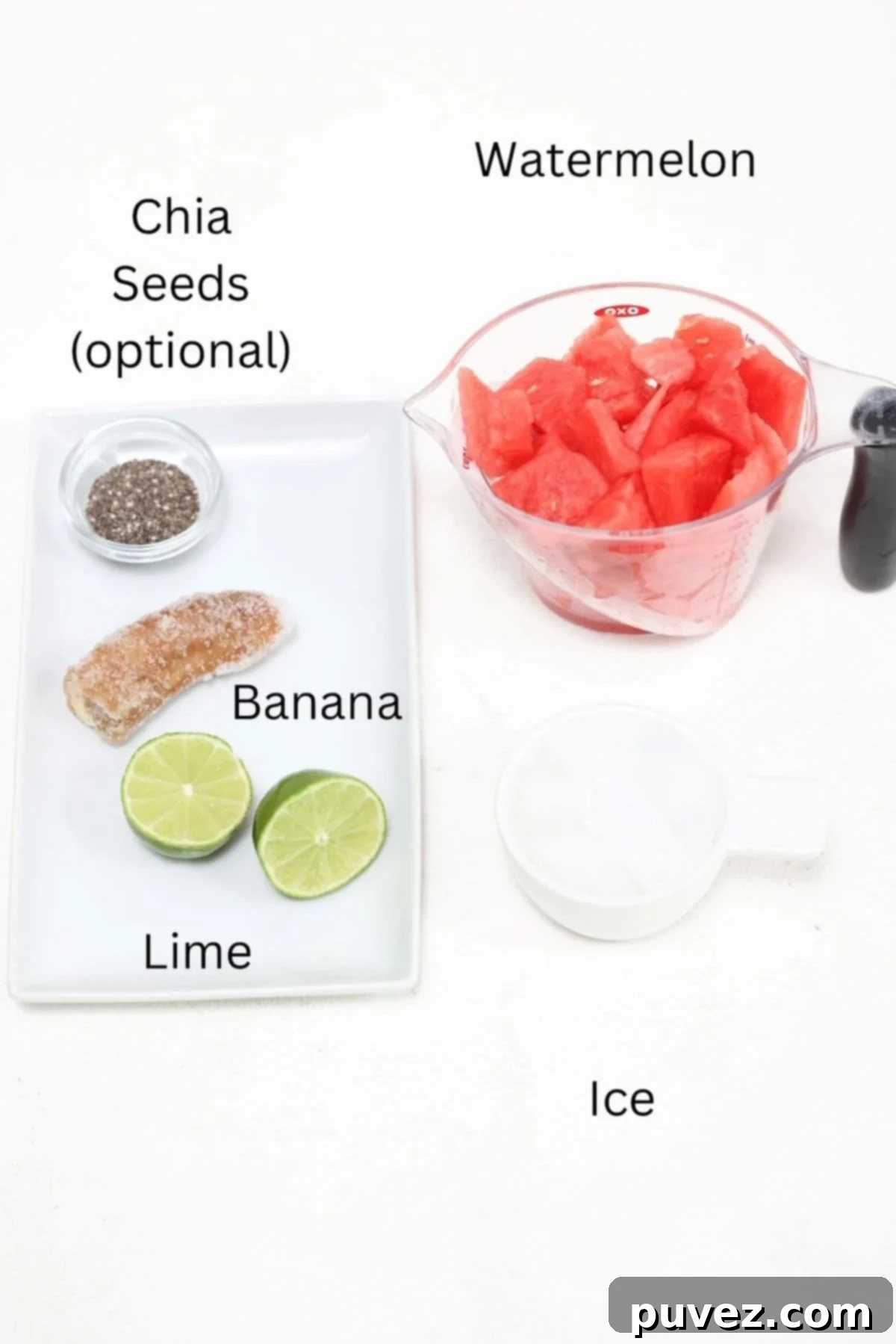 Watermelon Banana Smoothie ingredients, labeled.