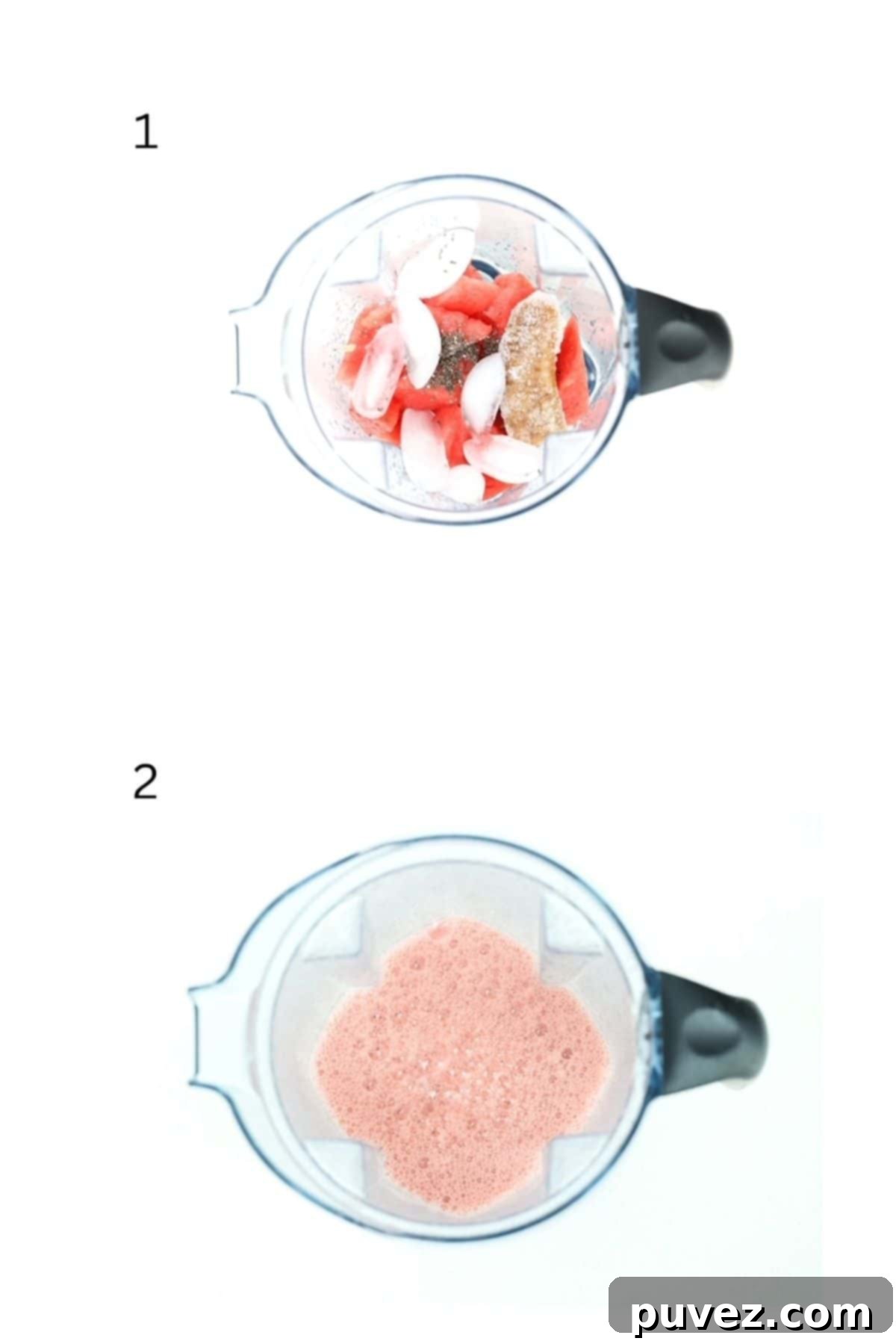 Two numbered images showing how to make a watermelon banana smoothie.