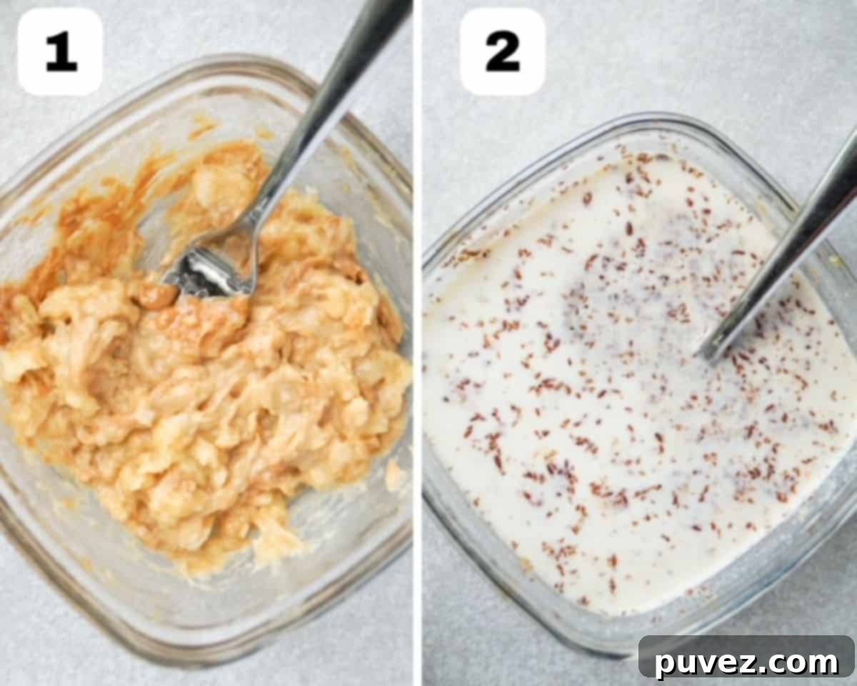 Two side-by-side process shots demonstrating the preparation of flaxseed pudding. The left image shows a ripe banana and creamy peanut butter being mashed together with a fork in a clear glass bowl, ensuring a smooth base. The right image displays all the ingredients fully mixed in a small glass bowl, ready for refrigeration, highlighting the simple combination process.