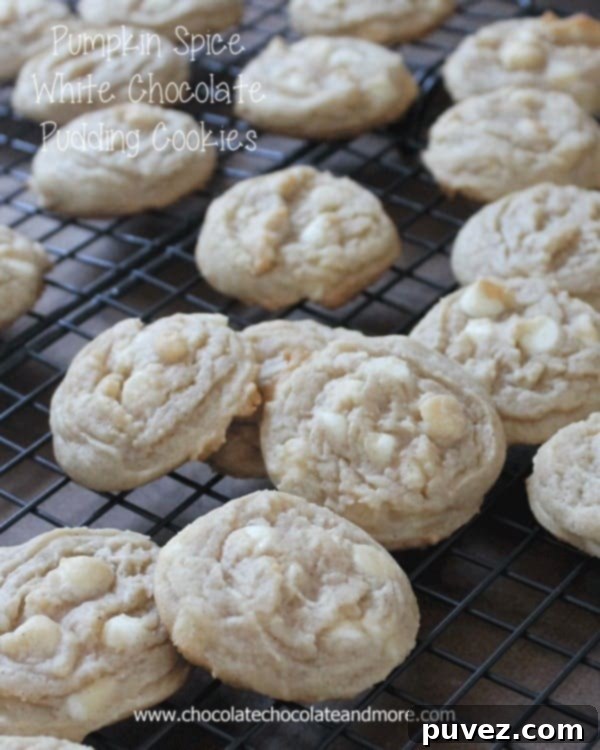 Perfectly baked Pumpkin Spice White Chocolate Pudding Cookies, drizzled and ready to eat