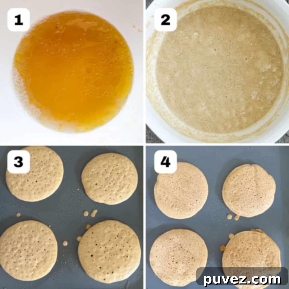 Four process shots showing steps to make 4-inch pancakes.