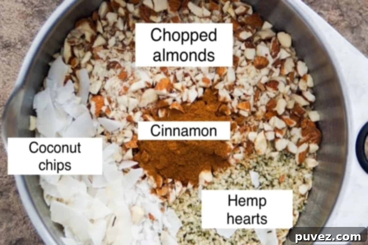 A vibrant assortment of granola ingredients, clearly labeled, neatly arranged in a spacious mixing bowl, ready for combining.