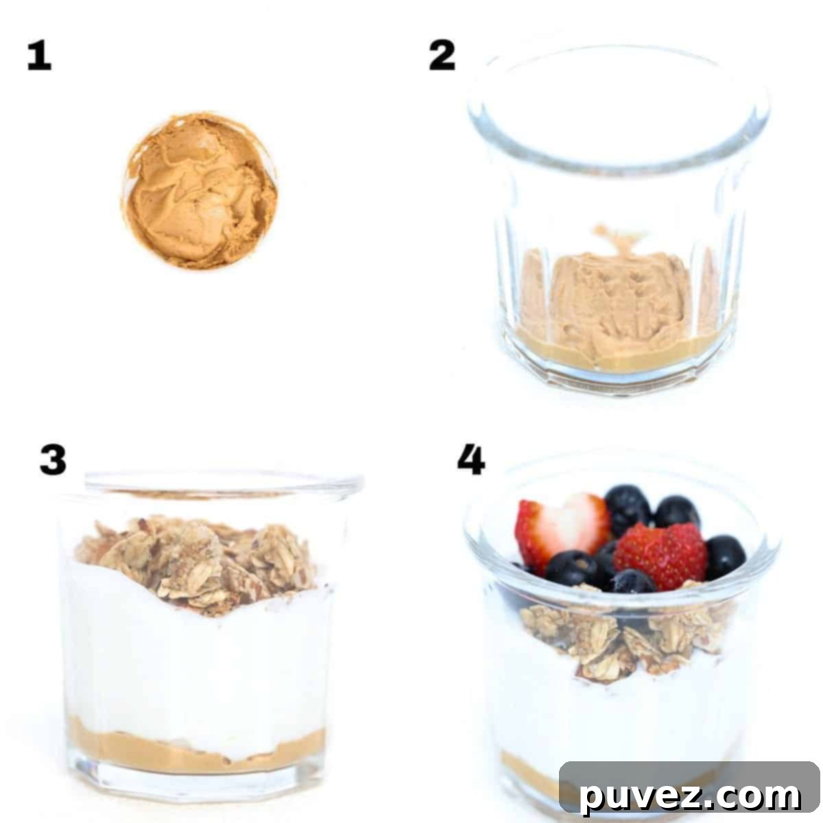 Four numbered images showing how to make a high protein Greek yogurt parfait.