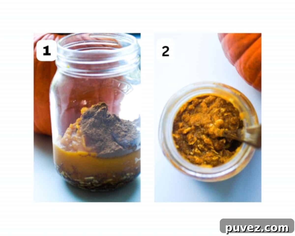 Two images side-by-side and labeled as process shots: all ingredients for pumpkin overnight oats layered in a glass jar to the right and the top view of a glass jar with pumpkin overnight oats being mixed with a spoon to the right.