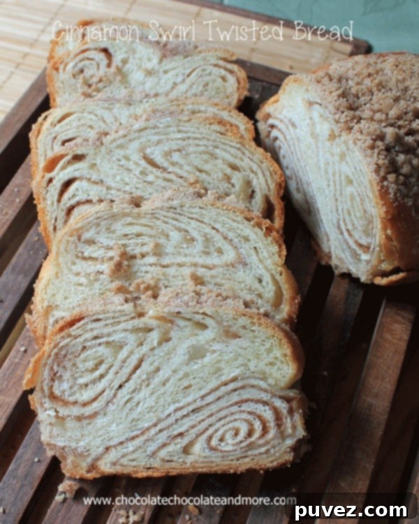 Close-up of freshly baked Cinnamon Swirl Twisted Bread
