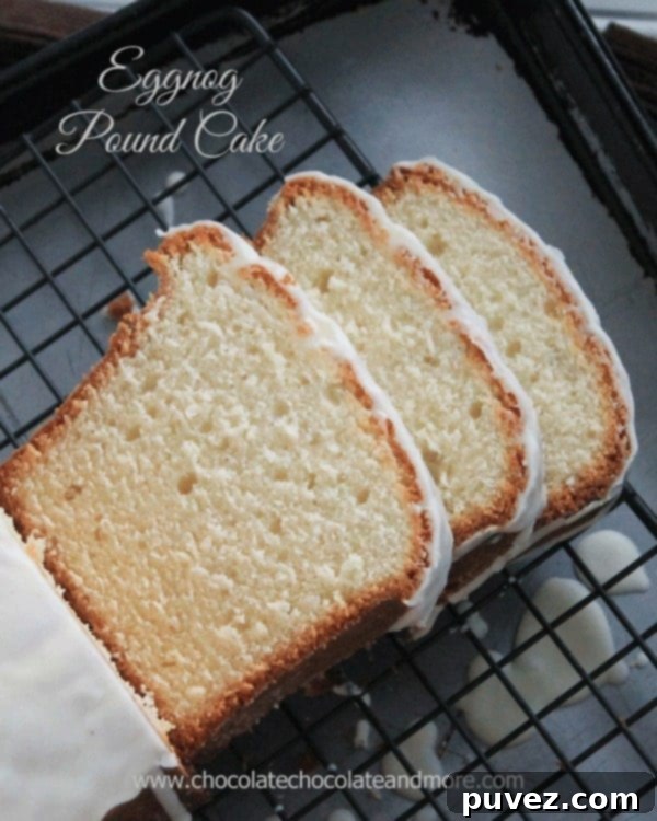 Beautifully glazed Eggnog Pound Cake ready to be served
