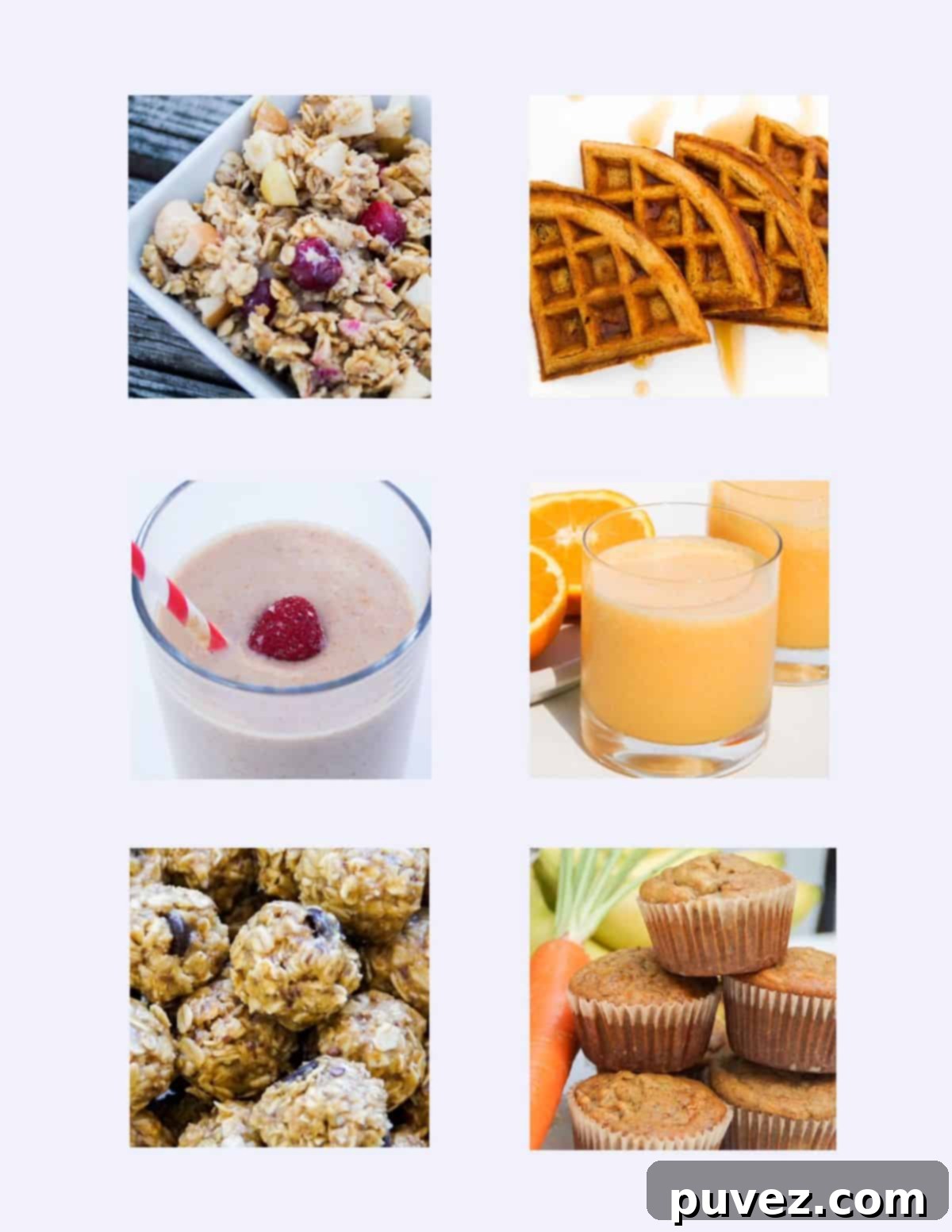 20 Simple Breakfast Recipes for Kids 2 Photo collage with six photos, two photos in each of three rows. Apple Oatmeal Bake with cranberries, pumpkin waffles drizzled with maple syrup, strawberry peanut butter smoothie with one frozen strawberry on top and a red and white striped straw, orange carrot oatmilk smoothie with sliced orange in the background, peanut butter oat balls with chocolate chips, and banana carrot muffins stacked with a fresh carrot to the left.