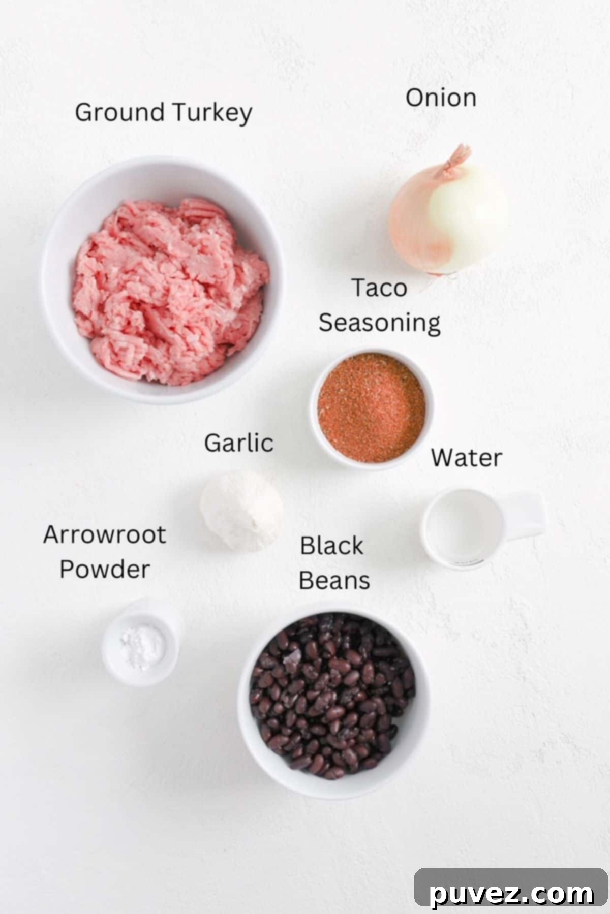 Ingredients for ground turkey tacos labeled.