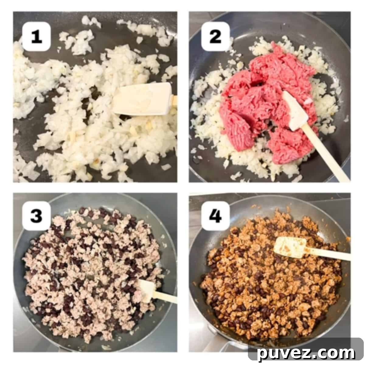 Four process shots showing steps to make ground turkey taco meat with black beans.