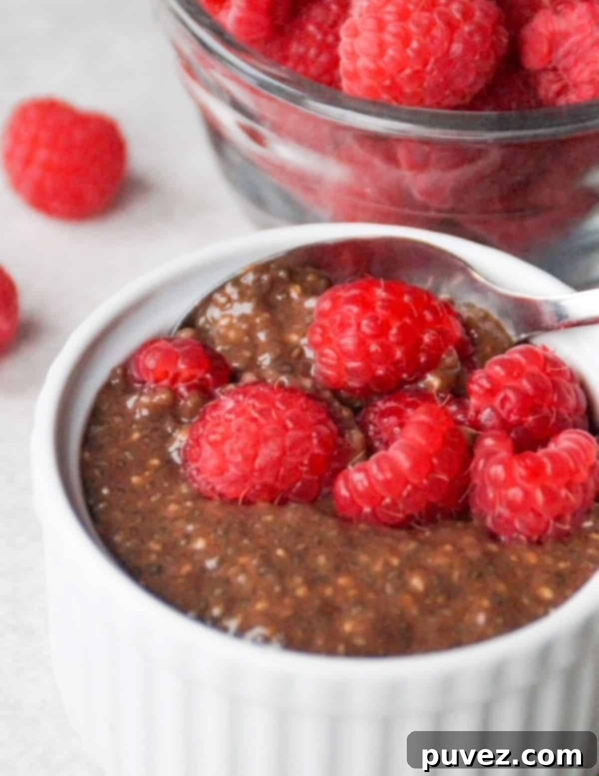 Creamy chocolate chia pudding in a small white ramekin with a spoon, generously topped with vibrant fresh raspberries. In the background, a small glass bowl overflows with more fresh raspberries, hinting at the delicious toppings.