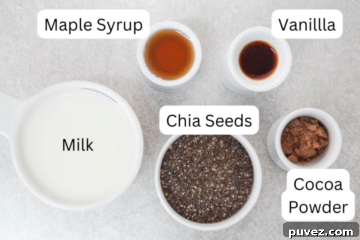Individual white dishes hold the measured ingredients for chocolate chia pudding: a measuring cup of milk, a small dish of maple syrup, a small dish of vanilla extract, a white bowl of chia seeds, and a small dish of cocoa powder. Each dish is clearly labeled.