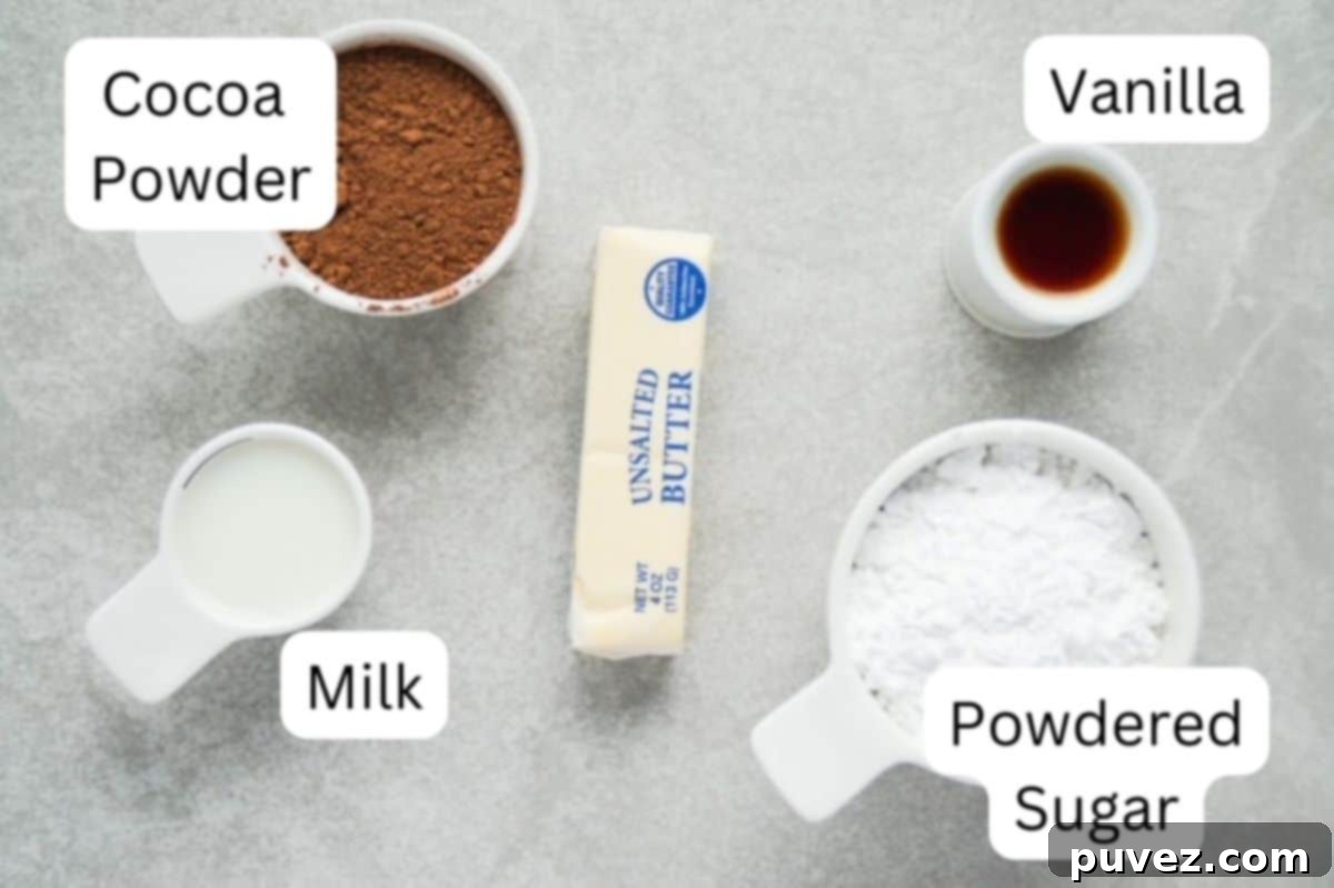 Cocoa powder, milk, vanilla, and powdered sugar in individual small white measuring cups and labeled. One stick of unsalted butter in the wrapper is in the center.