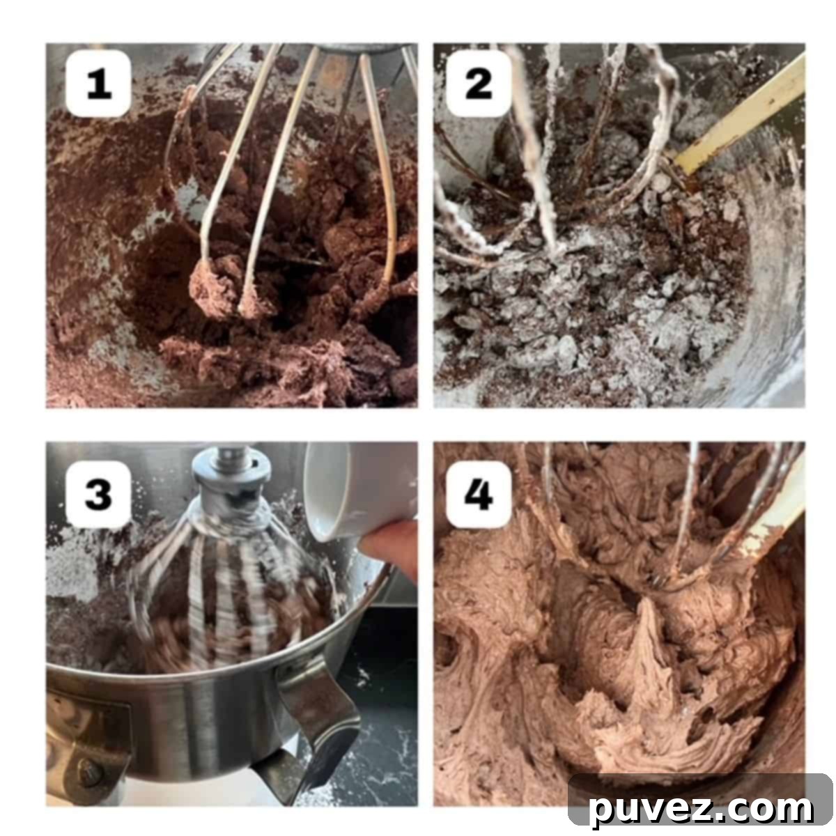 Four process shots labeled one through four making chocolate cupcake frosting.