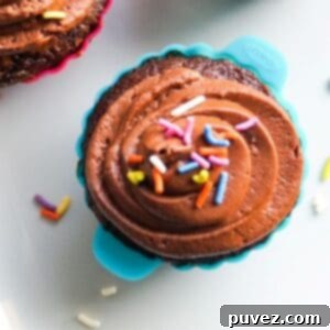 Top view of one chocolate cupcake in a turquoise silicone baking cup, topped with chocolate frosting and sprinkles. The corner another cupcake and a few sprinkles are around the cupcake.