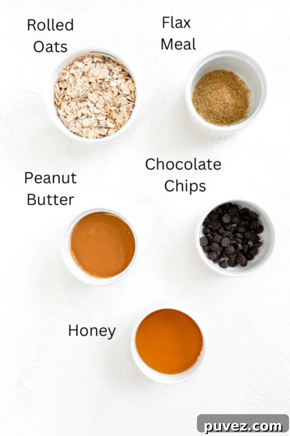 Ingredients for bliss balls recipe, labeled.