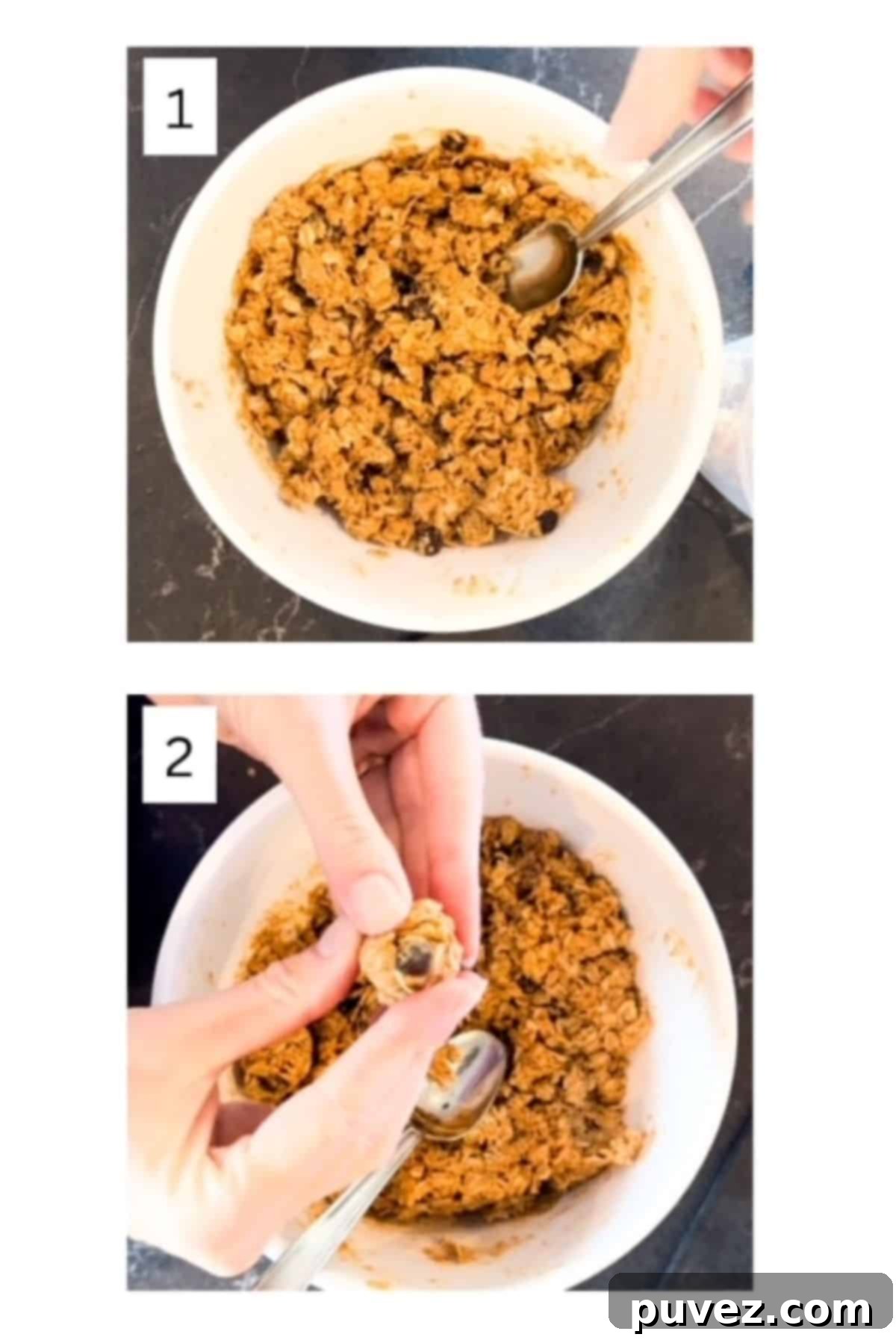 Two numbered images showing how to make bliss balls.