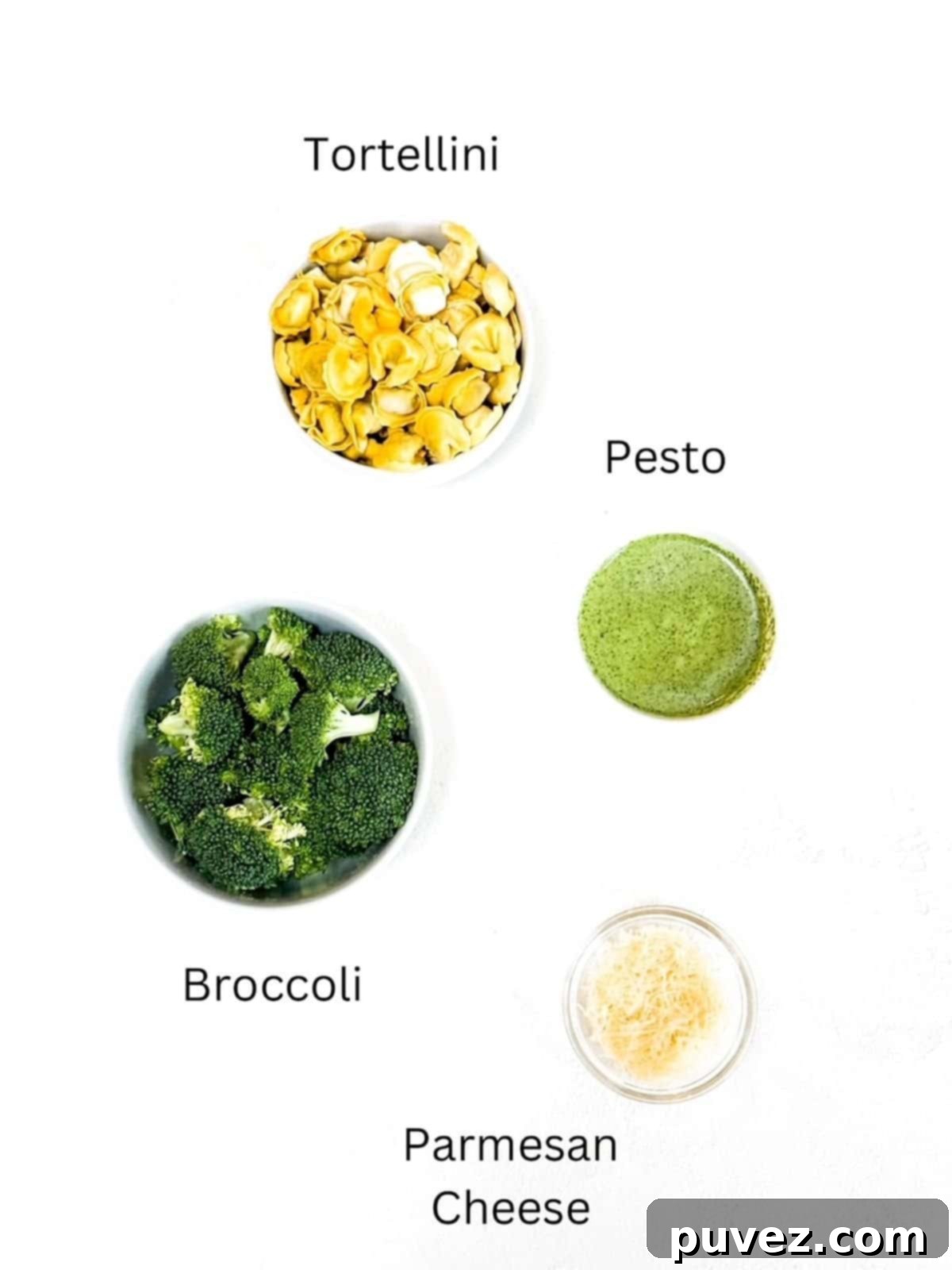 Pesto with Tortellini recipe ingredients, labeled.
