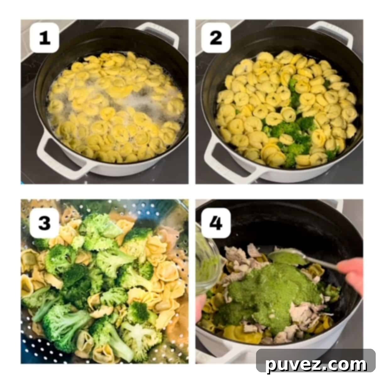 Four process shots, numbered: tortellini boiling in water, broccoli added to the tortellini in water, tortellini and broccoli in a strainer, tortellini, broccoli, and chicken topped with pesto. 