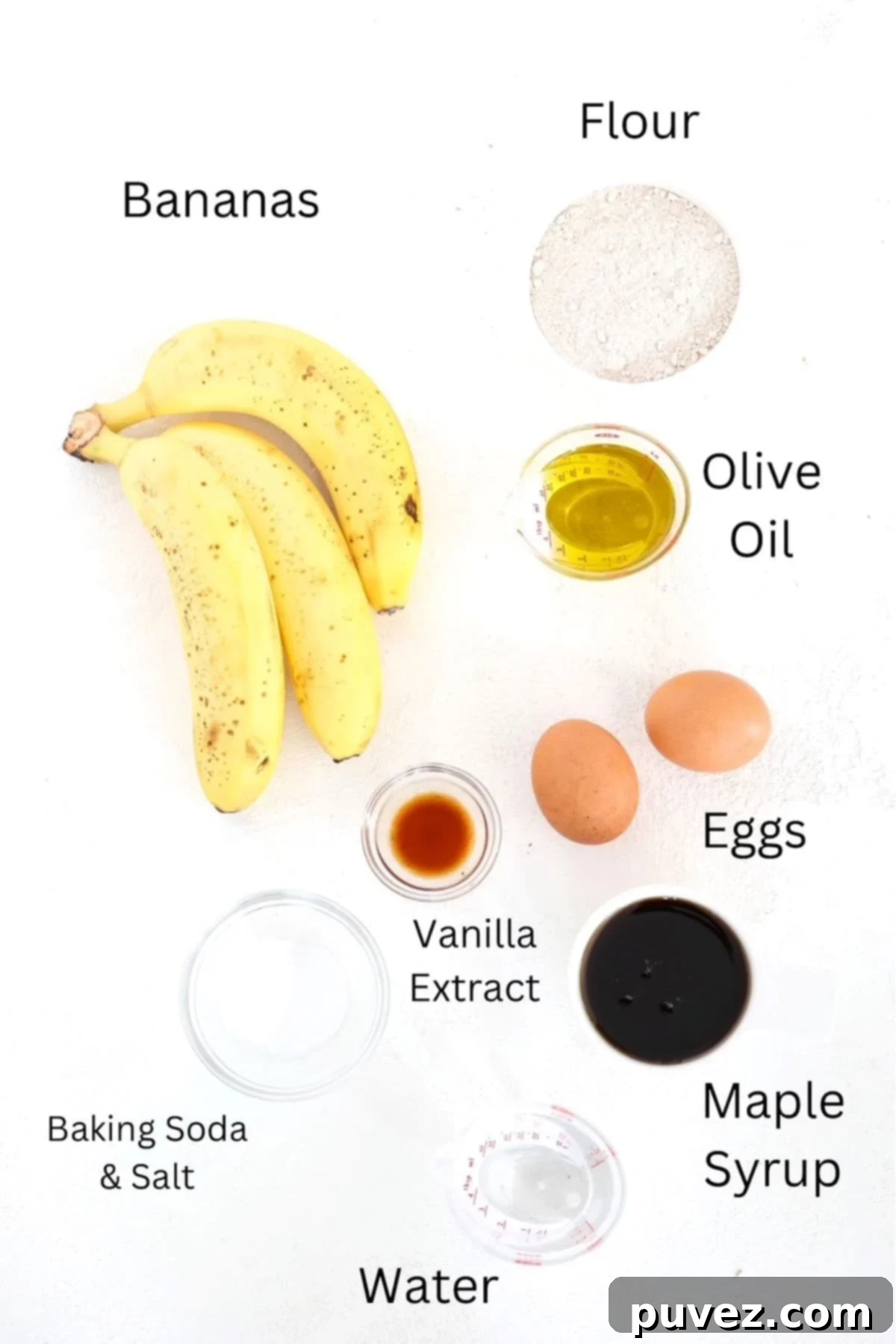 Dairy-Free Banana Bread ingredients, labeled.