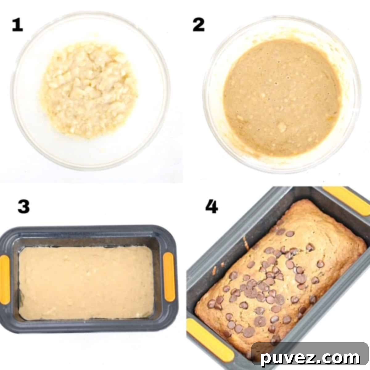 Four numbered images showing how to make banana bread.